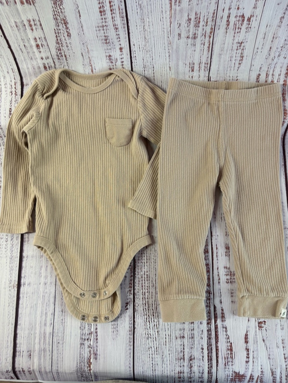 Neutral Ribbed Long-Sleeve One-Piece Bodysuit in Beige